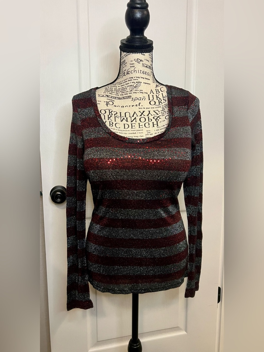 BKE Scoop Neck Long Sleeve Glitter Stripe Top - Burgundy & Silver